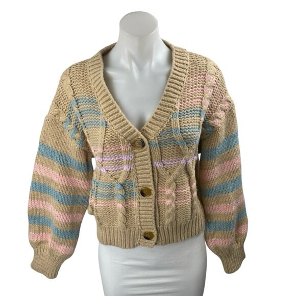 Lush Tan Multicolor Striped Cable Knit Button Up Cardigan Sweater Top Size M - Picture 2 of 5